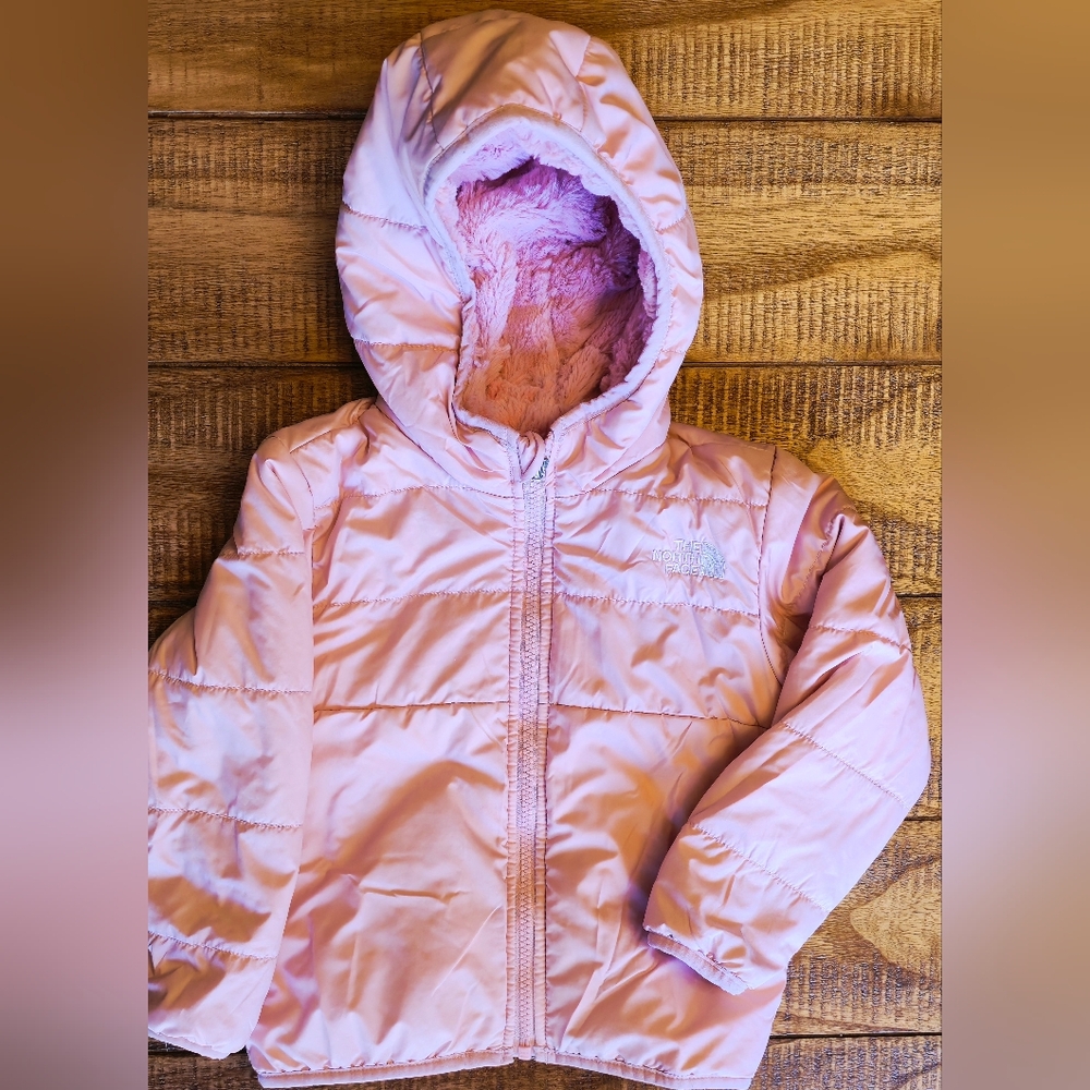 The North Face Reversible Pink Hooded Fleece Puffer Jacket